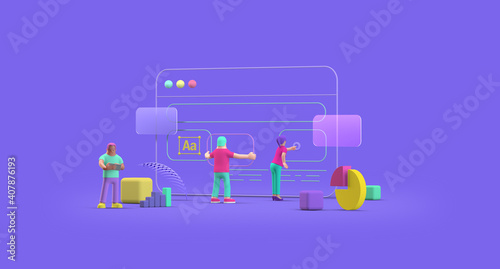 Web Browser UI UX Design Teamwork concept 3D illustration. Team People Building Creating website User interface Front view