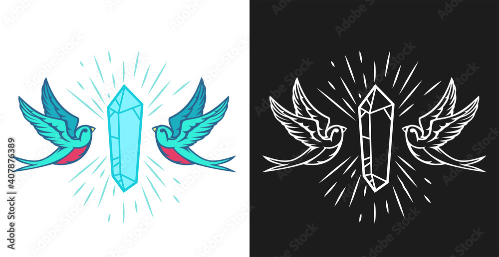Hand drawn concept composition with crystal and flying birds in vintage cartoon style. Modern design for print, cover, card. Vector illustration.