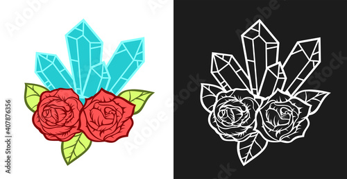 Hand drawn concept composition with crystals and roses in vintage cartoon style. Modern design for print, cover, card. Vector illustration.