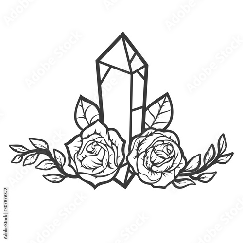 Hand drawn concept composition with crystals and roses in vintage cartoon style. Modern design for print, cover, card. Vector illustration.