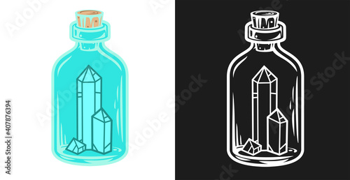 Hand drawn concept composition with crystals and bottle in vintage cartoon style. Modern design for print, cover, card. Vector illustration.