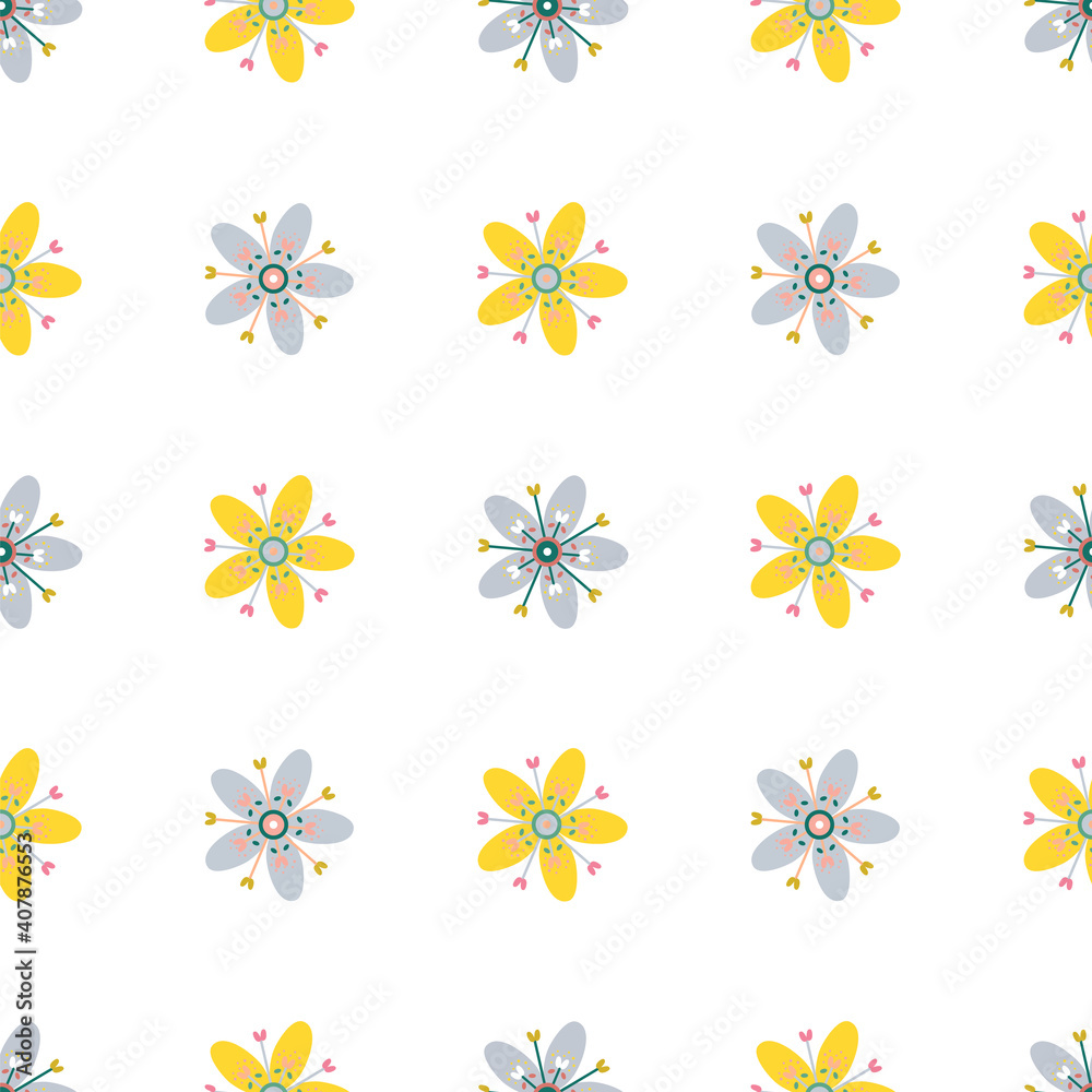 Obraz premium Vector illustration of wild tropical flowers seamless repeat pattern on a white background.