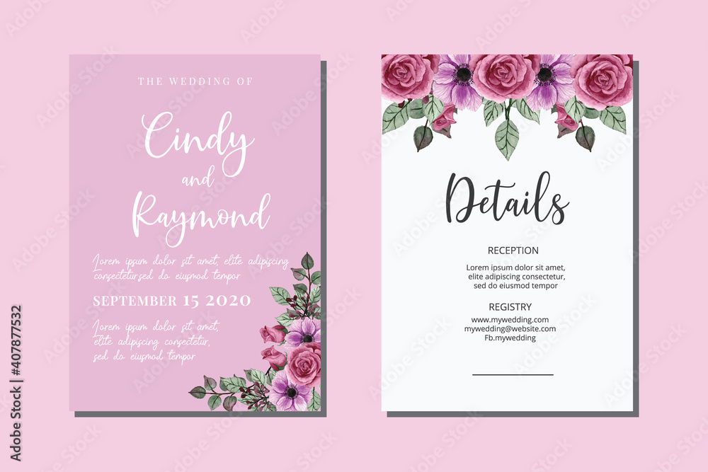 Obraz premium Wedding invitation floral watercolor hand drawn Flowers design Invitation Card Template Printable Size