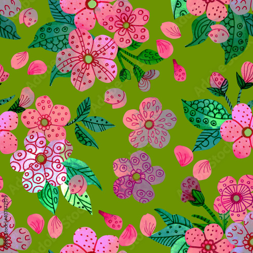 Seamless pattern with hand drawn abstract spring summer flowers 