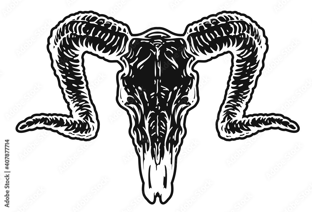 Hand drawn monochrome goat skull isolated on white background. Realistic design art element for print, tattoo. Retro vintage vector illustration.
