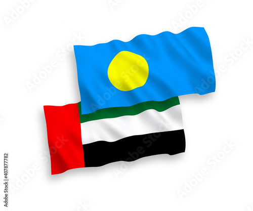 National vector fabric wave flags of Palau and United Arab Emirates isolated on white background. 1 to 2 proportion.