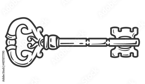 Hand drawn monochrome cartoon key in retro vintage cartoon style isolated on white background. Vector illustration.