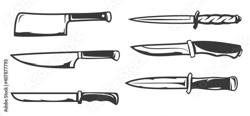 Set of monochrome knives different forms in cartoon hand drawn style isolated on white background. Vintage vector illustration.