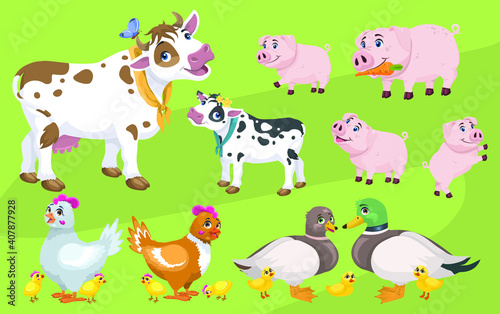 Lovely cartoon and happy animals on a farm in the village