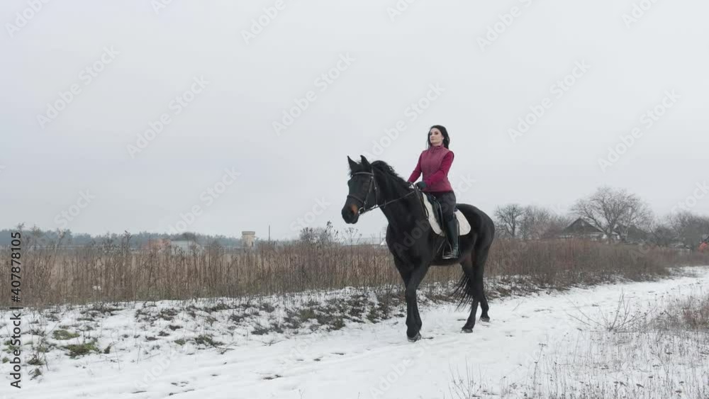 Young brunette woman rides a beautiful black horse on a field or snow-covered farm in winter. Horseback riding, Equestrian sport. Female rider on horse walking in snowy outdoors