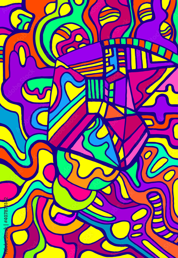 Vivid psychedelic colorful surreal doodle pattern. Rainbow colors abstract pattern, maze of ornaments.