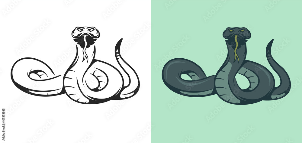 Hand drawn snake isolated on white background. Color and monochrome element in cartoon vintage style for, tattoo, print, poster. Vector illustration. Hand drawn snake isolated on white background. Color and monochrome element in cartoon vintage style for, tattoo, print, poster. Vector illustration.