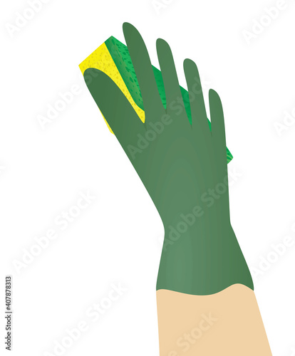 Green gloves hold sponge. vector