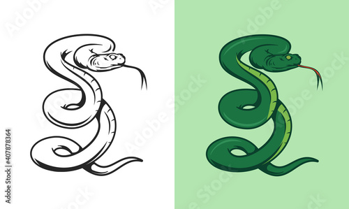 Hand drawn snake isolated on white background. Color and monochrome element in cartoon vintage style for, tattoo, print, poster. Vector illustration.