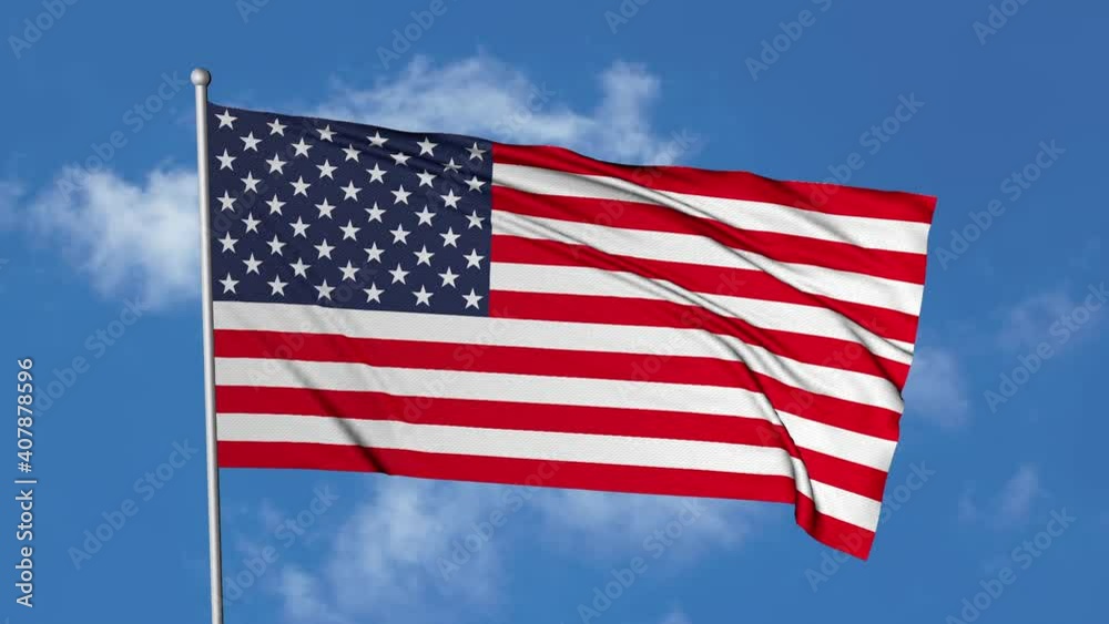 American Flag Waving Slow Motion on the blue sky. Large USA Flag flies. National American Flag American Flag Waving Slow Motion on the blue sky. Large USA Flag flies. National American Flag