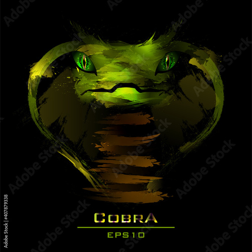 Hand drawn vector illustration of green cobra snake in grunge style with acrylic technique. Wild bewitching dangerous creature art for poster, banner, cover, t-shirt design, typography. Eps 10