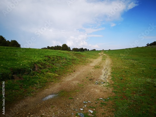 Path to nowhere in the meadow with clouds