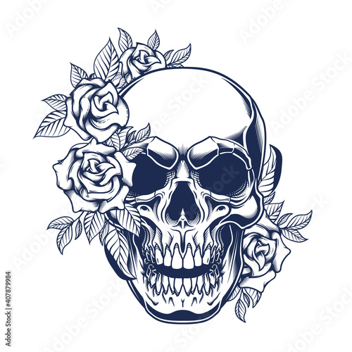 Skull poster design. Vector illustration of human skull with roses in engraving technique isolated on white background. 