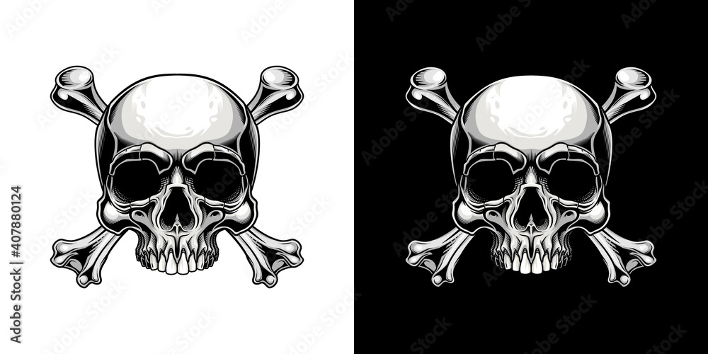 Traditional Jolly Roger design. Vector illustration of human skull with ...