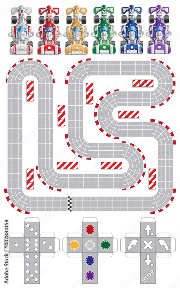 Set for car racing. A board game. Isolated on white background. Vector illustration.