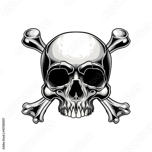 Traditional Jolly Roger design. Vector illustration of human skull with crossbones in engraving technique isolated on white background. 