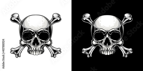 Traditional Jolly Roger design. Vector illustration of human skull with crossbones in engraving technique isolated on white background. 