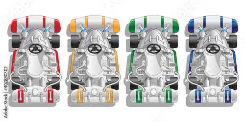 Set of racing cars. Karting. View from above. Isolated on white background. Vector illustration.