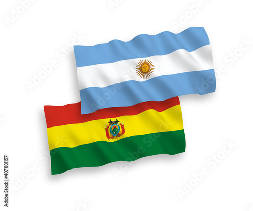 National vector fabric wave flags of Bolivia and Argentina isolated on white background. 1 to 2 proportion.
