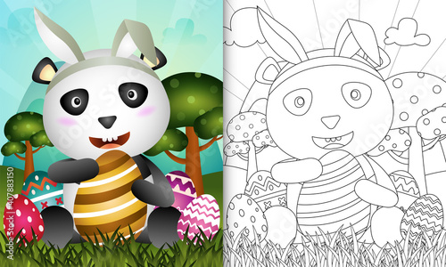 Fototapeta Naklejka Na Ścianę i Meble -  coloring book for kids themed easter with a cute panda using bunny ears headbands hugging eggs