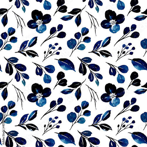 Seamless pattern of blue leaves watercolor