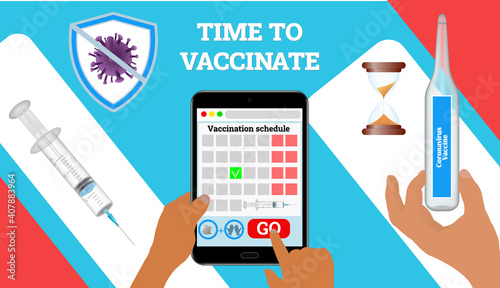 Time to vaccinate. Horizontal banner with hand holding medical vaccine,syringe,virus sign.Disease prevention Covid - 19. Stock vector illustration on blue isolated background.