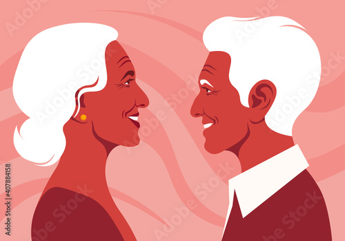 The old lovers in the profile. Happy elderly couple. Love and dating. Family relationship. Vector flat illustration