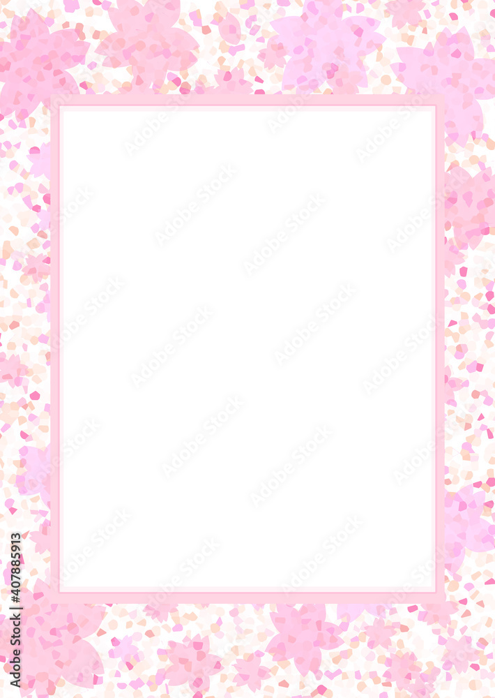 水玉模様と桜の背景の四角フレーム素材02（縦型・A3/A4）