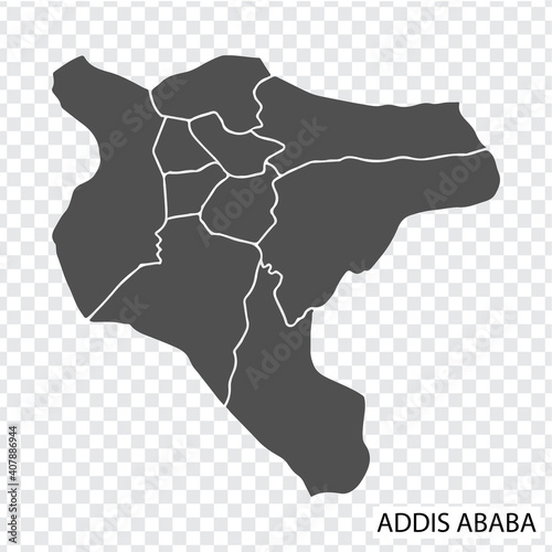 Blank map of Addis Ababa is a capital  Ethiopia in grey, with borders of the regions. Map of Addis Ababa for your web site design, app, UI. EPS10.