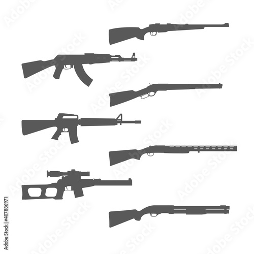 Firearms silhouettes collection, shotgun, m16 rifle and hunt handgun, guns and weapons, vector