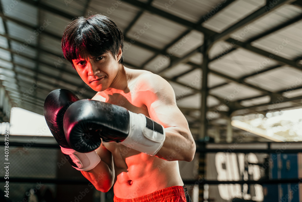 close up of handsome muay thai boxer fighting in gloves in boxing ring with the copyspace close up of handsome muay thai boxer fighting in gloves in boxing ring with the copyspace
