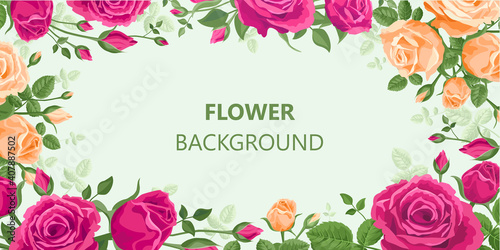 Floral background. Roses, buds and leaves in retro style with copyspace. Pink, red, purple, orange colors, flower pattern of roses. delicate colors. Horizontal summer banner.