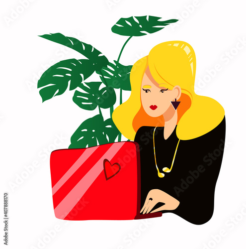 Young elegant blonde works at a red glamorous laptop on the background of thickets of monstera. Vector flat illustration.