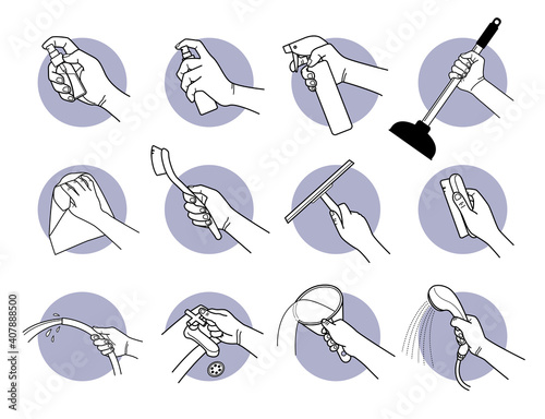 Hand holding cleaning equipment and tools. Vector illustration of hand holding spray, plunger, wiping cloth, brush, window sweeper, brush, water hose, bucket, and shower head.