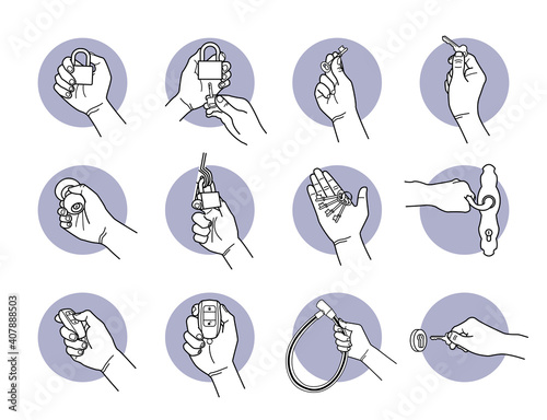 Hand holding lock and key. Vector illustrations of hand locking and unlocking door. Hand holding remote key fob for car.