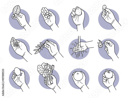 Hand holding natural things icons. Vector illustrations of hand holding nature objects such as leaf, seeds, stone, rock, sand, water, matchstick fire, egg, vegetable, orange, and apple.