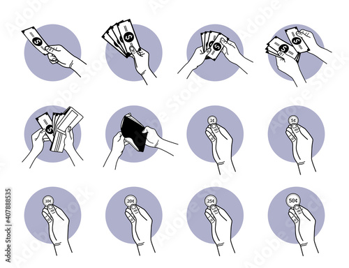 Hand holding paper money and coin. Vector illustrations of hand holding cash, counting money, paying, buying, and empty wallet.