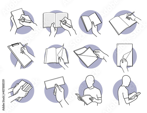 Hand holding paper, note, book, pencil, pen, and documents. Vector illustration of writing, reading, drawing, flipping page, checking document, and learning.