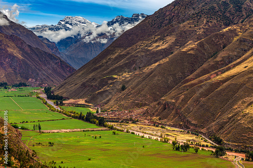 Peru, Cusco Region, Calca Province. The Sacred Valley of the Incas and the Vilcanota River near Pisac . There are snow-capped peaks of Urubamba Mountain Range in the background photo