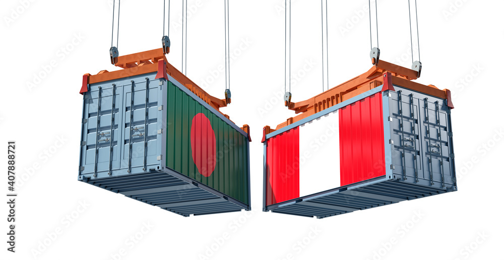 Freight containers with Peru and Bangladesh flag. 3D Rendering 
