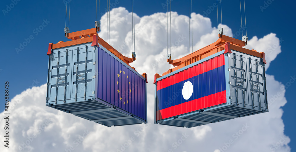 Freight containers with European Union and Laos flag. 3D Rendering 