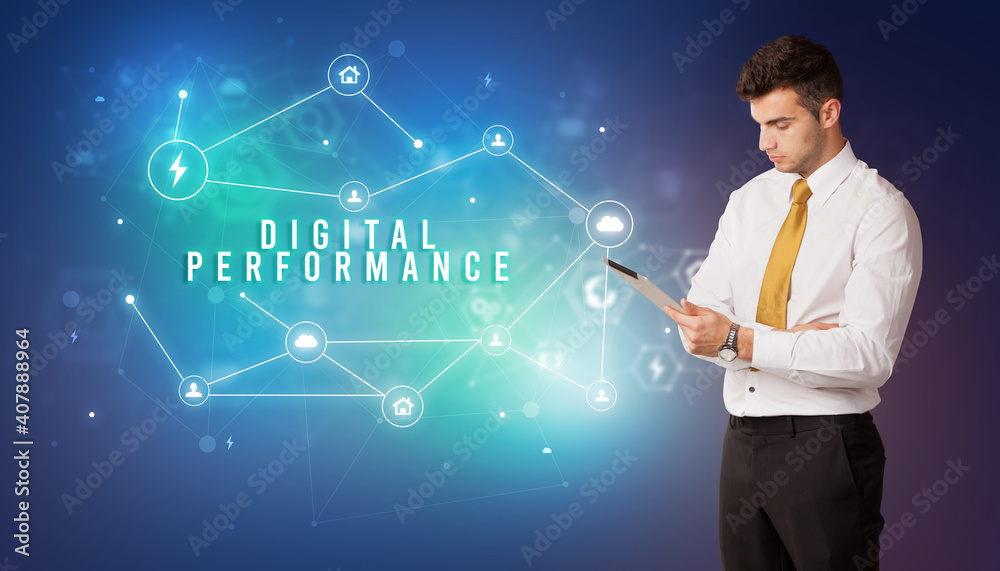 Businessman in front of cloud service icons with DIGITAL PERFORMANCE inscription, modern technology concept Businessman in front of cloud service icons with DIGITAL PERFORMANCE inscription, modern technology concept