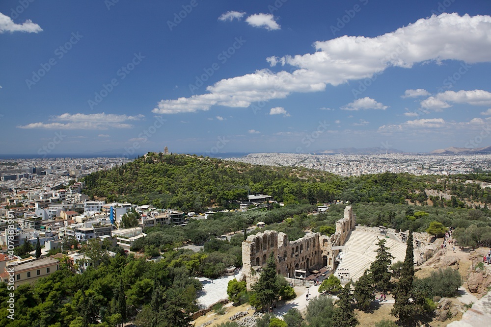 View from the mountain to the city of Athens and nature. Greece. Summer panorama.