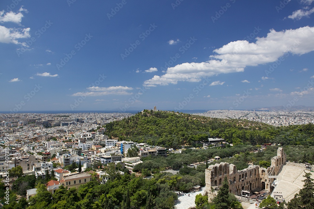 View from the mountain to the city of Athens and nature. Greece. Summer panorama.