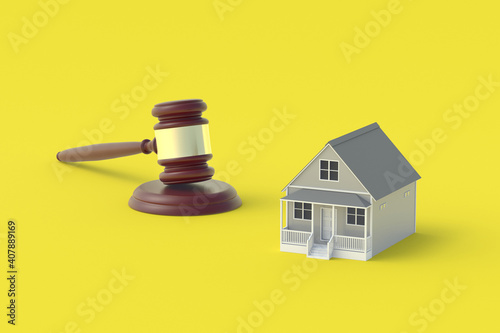 House and judge gavel on yellow background. Building legislation. Buying, selling housing. Lease contract. Property division. Home confiscation. 3d render